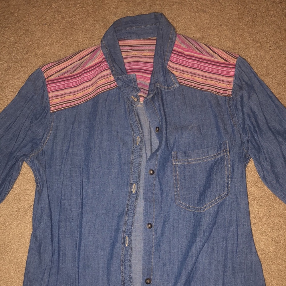 Patterned Button Down Denim Shirt